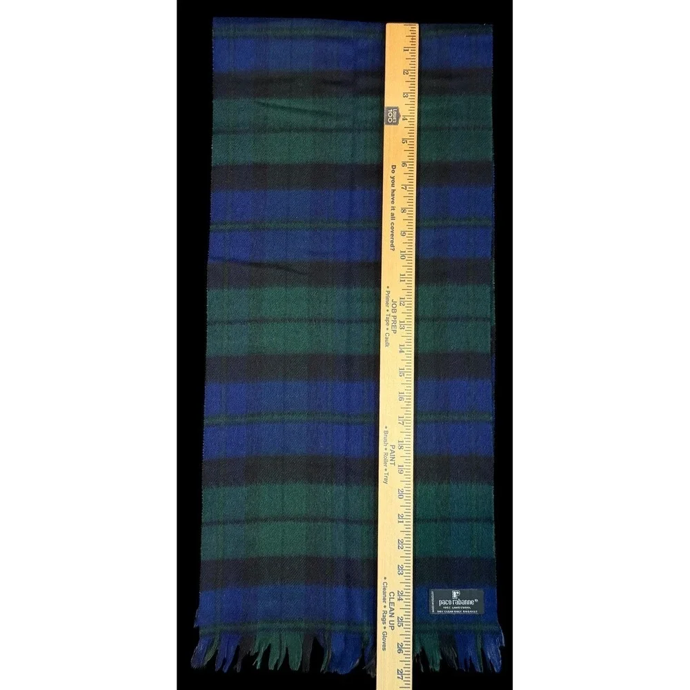 Paco Rabanne Men's Vintage Navy Blue/Green Plaid 100% Lambswool Scarf 12